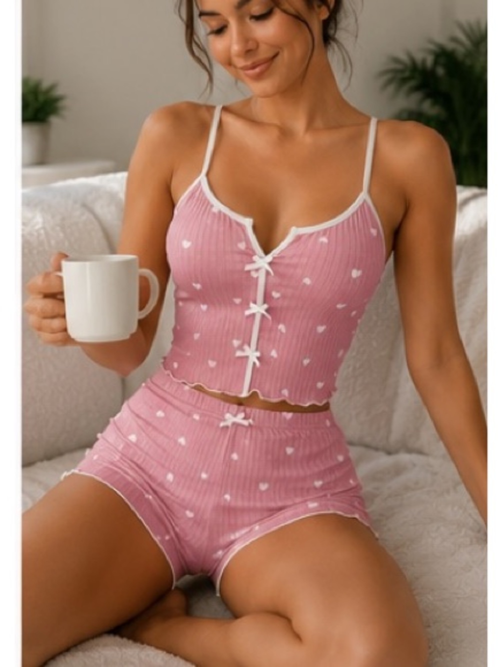 Pink Ribbed Heart-Print Cami & Short Sleep Set - Picture 4 of 4